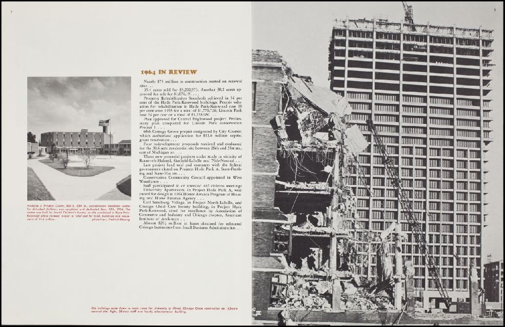 Building being torn down in front of the new University Hall Building for UIC