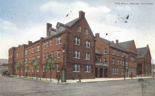 Hull-House A painting of The Hull House of Chicago. It is a collection of large brown-red brick buildings connected to each other on a street corner. They are about 3 stories tall.