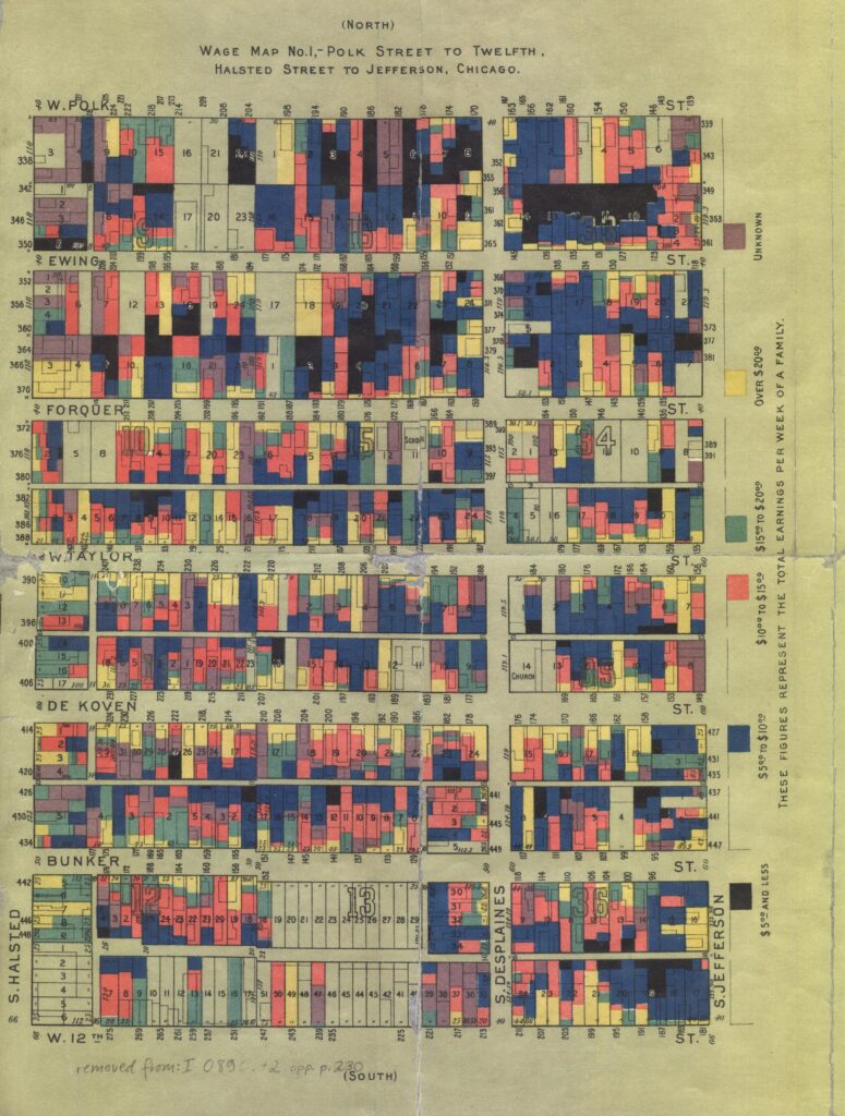 Wage Map of the Hull-House Neighborhood Hull-House map showing weekly wages of residents.